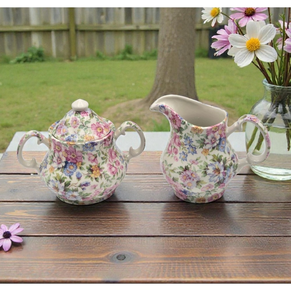 Vintage Laura Chintz Floral Creamer & Sugar Set England Cottagecore Shabbychic